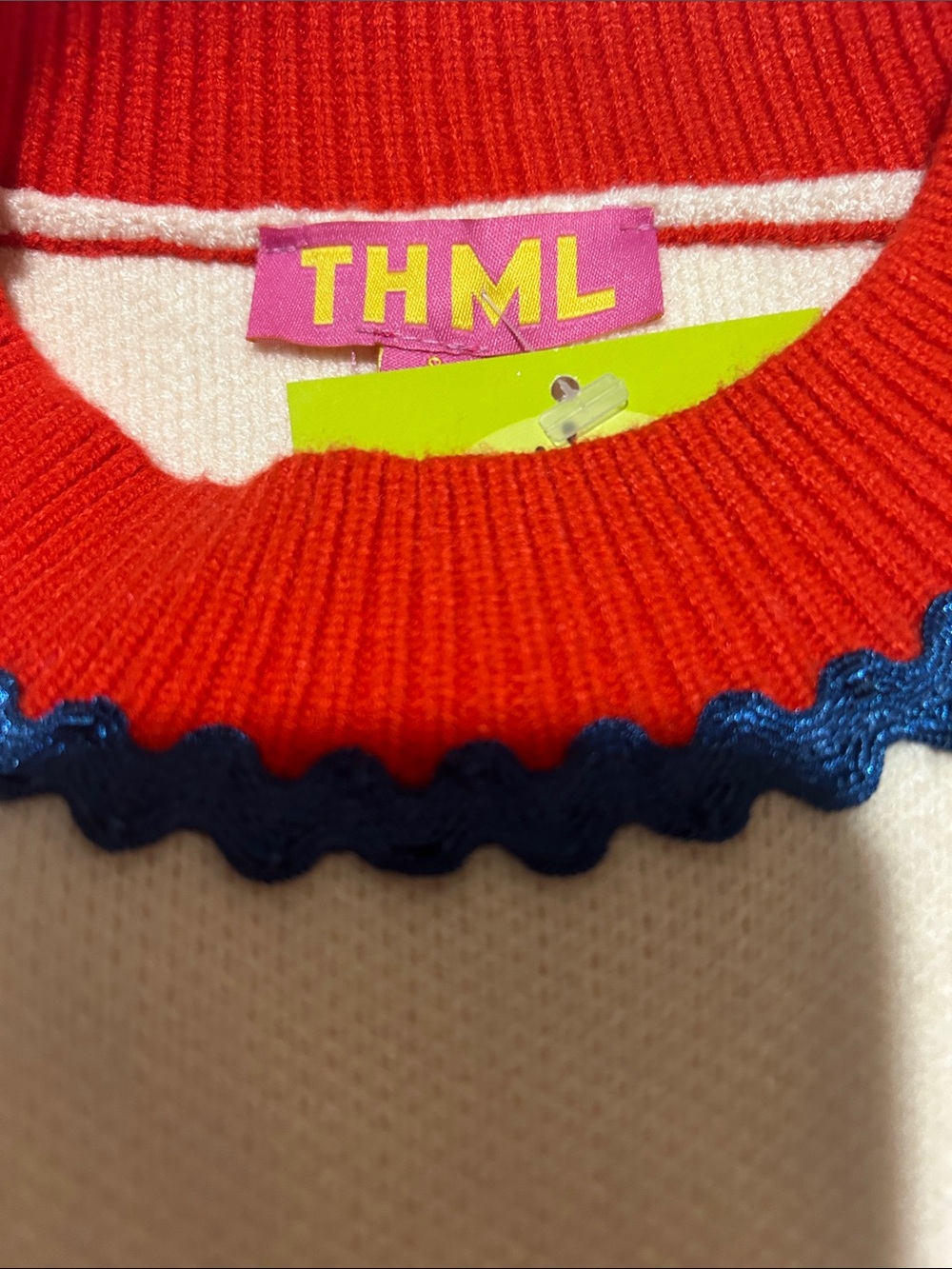 Cream Knit Sweater with Red & Blue Trim - Brand New - Picture 3 of 5